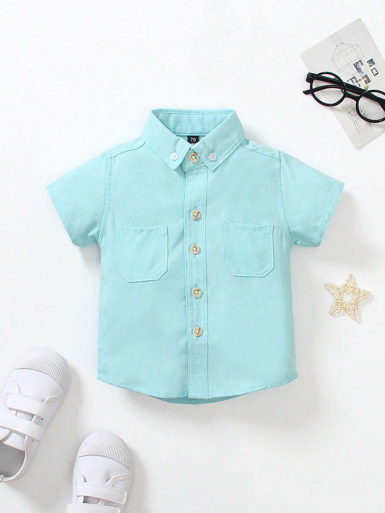 1pc Boy's Casual Solid Color Double Pocket Collar Shirt, Suitable For Casual Party, Birthday Party, Master Of Ceremony, Performance, Beach Vacation, Boys Button Down Shirt, Spring/Summer