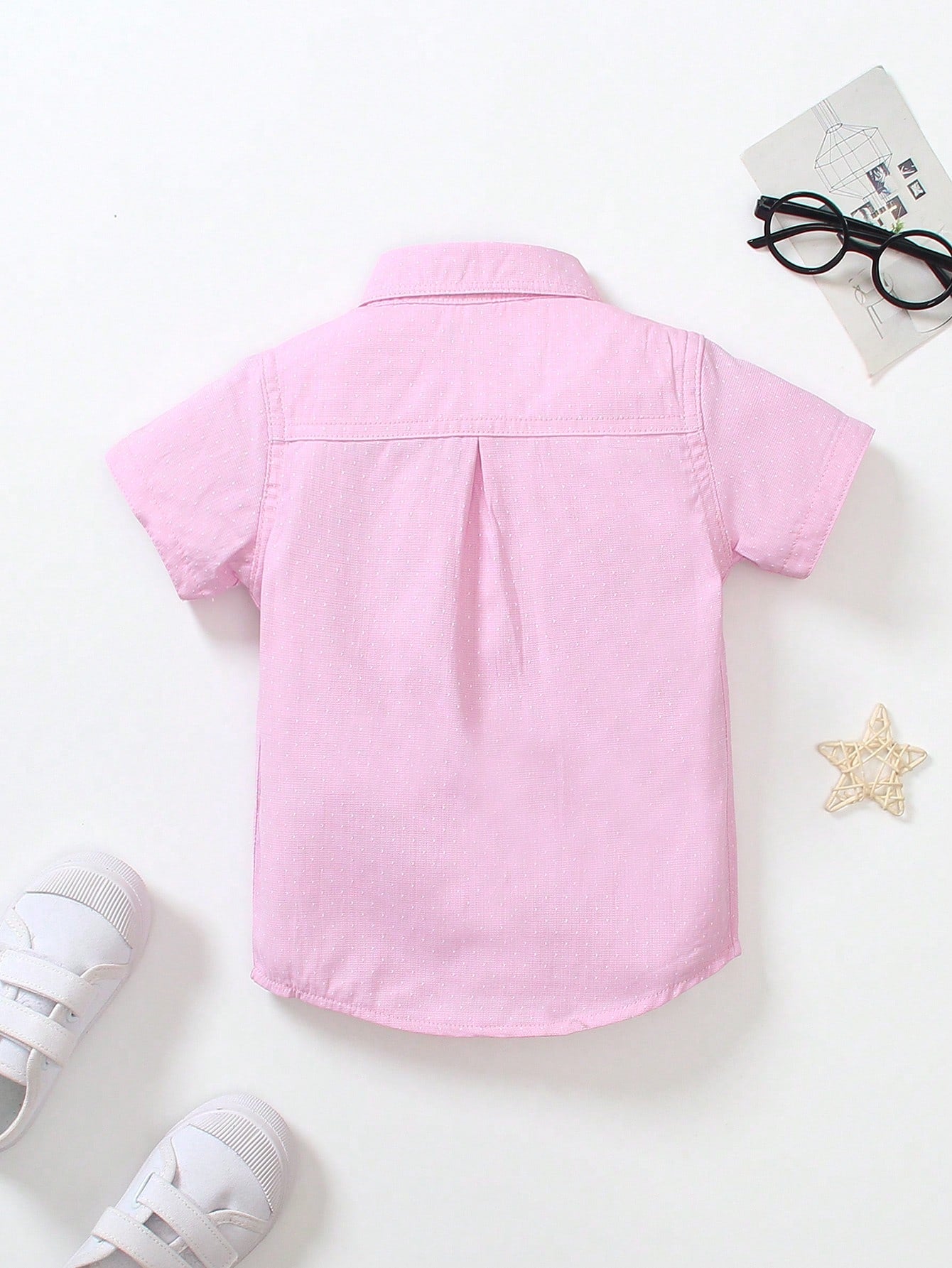 Young Boy 1pc Casual Single Pocket Polka Dot Jacquard Collar Shirt, Pink, Spring/Summer, Suitable For Beach Vacation, Casual Party, Birthday Party, Junior Host Speaking