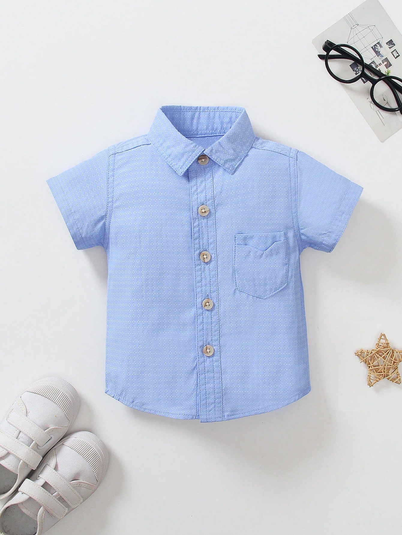 1pc Kids Boy Casual Blue Collar Double Pocket Shirt, Suitable For Casual Party, Birthday Party, Hosting, Performance, Beach Vacation, Spring/Summer