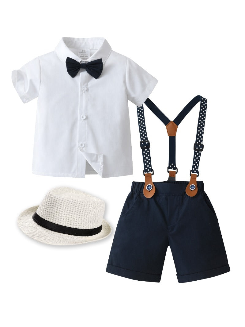 New Boys' Two Piece Gentleman Set with Black Shorts and White Short Sleeve Shirt with Bow Shirt and Strap Shorts Party Set Suitable for Party, Birthday Party, Stage Speech Concert, and Various Parties (Gift)