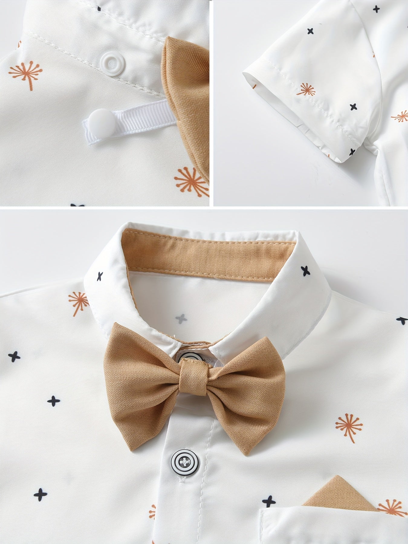 New Boys Two Piece Gentleman Set with Khaki Pants and White Printed Short sleeved Shirt with Bow Shirt and Strap Pants Party Set Suitable for Parties, Birthdays, Parties, Stage Speeches, Concerts, and Various Parties