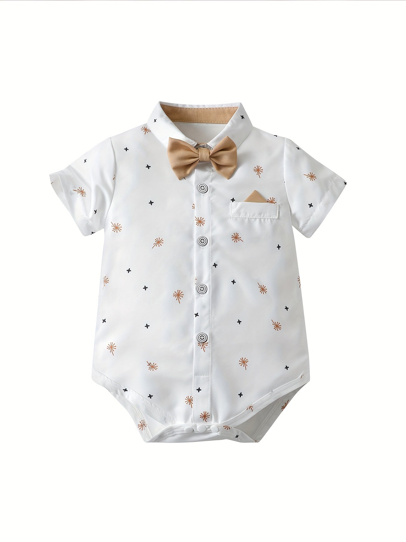 New Boys Two Piece Gentleman Set with Khaki Pants and White Printed Short sleeved Shirt with Bow Shirt and Strap Pants Party Set Suitable for Parties, Birthdays, Parties, Stage Speeches, Concerts, and Various Parties