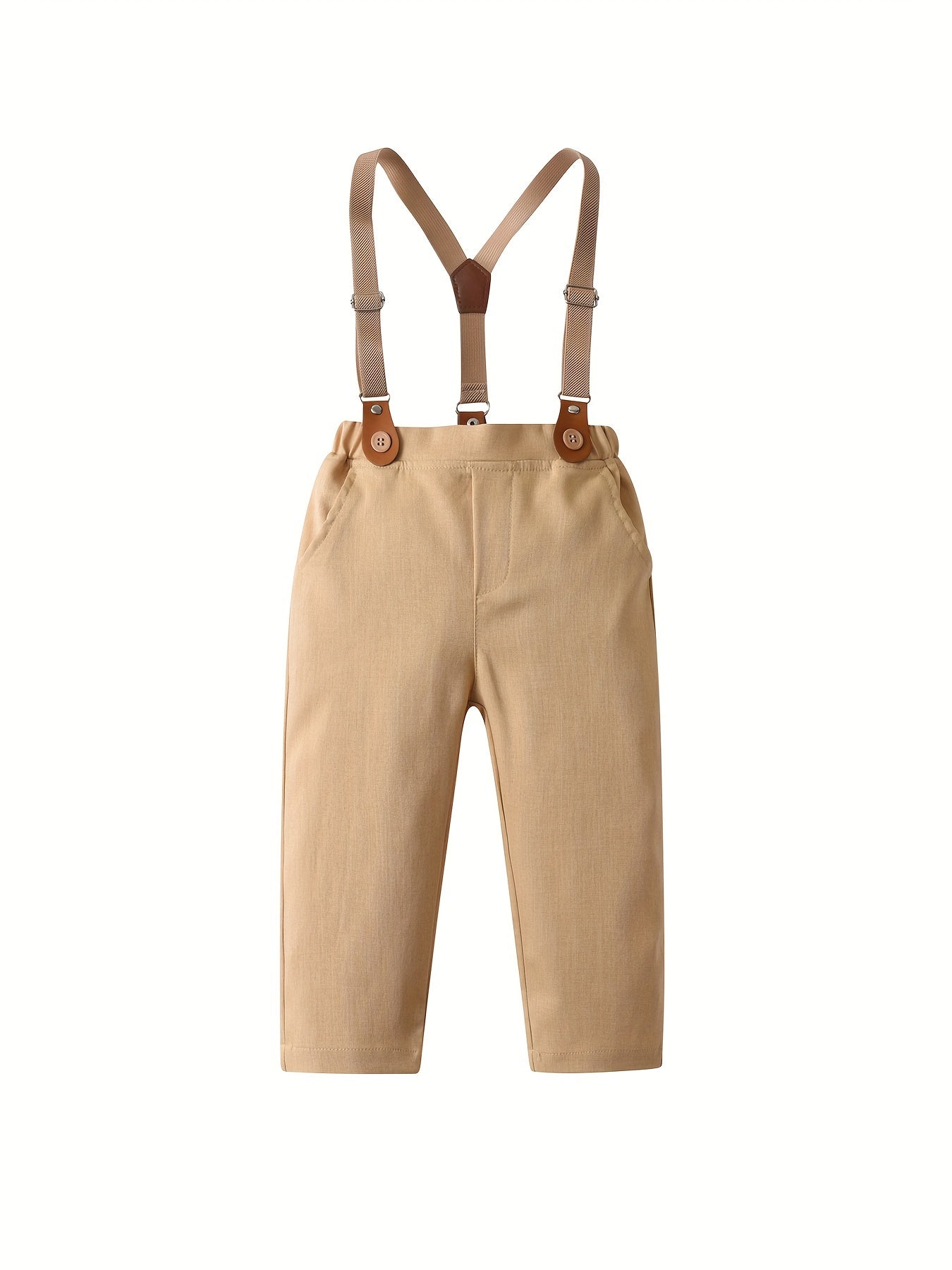 New Boys Two Piece Gentleman Set with Khaki Pants and White Printed Short sleeved Shirt with Bow Shirt and Strap Pants Party Set Suitable for Parties, Birthdays, Parties, Stage Speeches, Concerts, and Various Parties