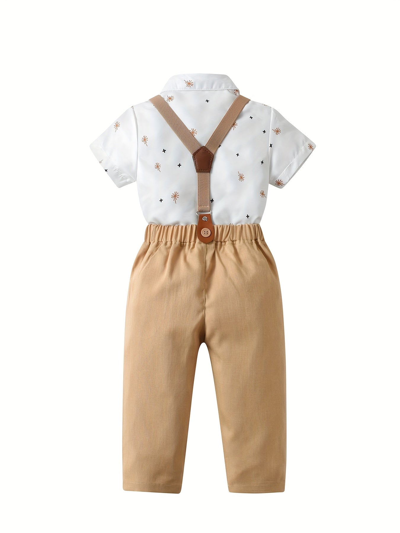 New Boys Two Piece Gentleman Set with Khaki Pants and White Printed Short sleeved Shirt with Bow Shirt and Strap Pants Party Set Suitable for Parties, Birthdays, Parties, Stage Speeches, Concerts, and Various Parties