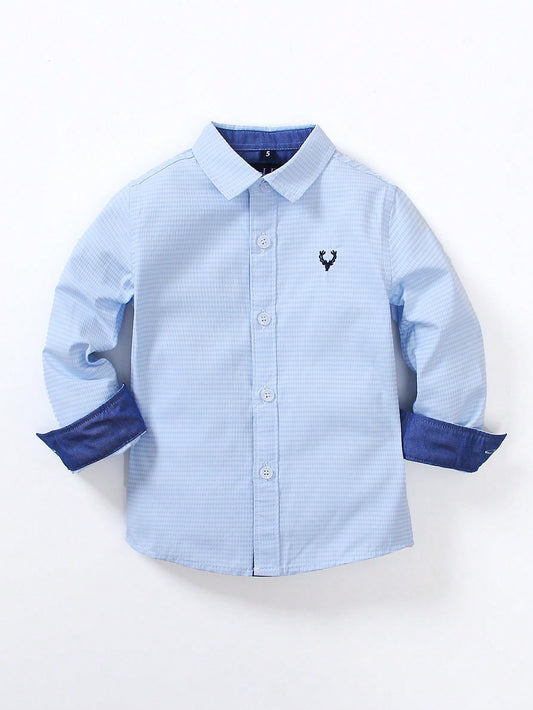 Young Boy 1pc Light Blue Embroidered Long Sleeve Casual Shirt, Thin Jacquard Fabric, Suitable For Birthday Parties, Galas, Baptisms, And Christenings, Spring And Autumn