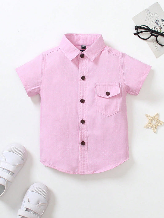 Young Boy 1pc Casual Single Pocket Polka Dot Jacquard Collar Shirt, Pink, Spring/Summer, Suitable For Beach Vacation, Casual Party, Birthday Party, Junior Host Speaking