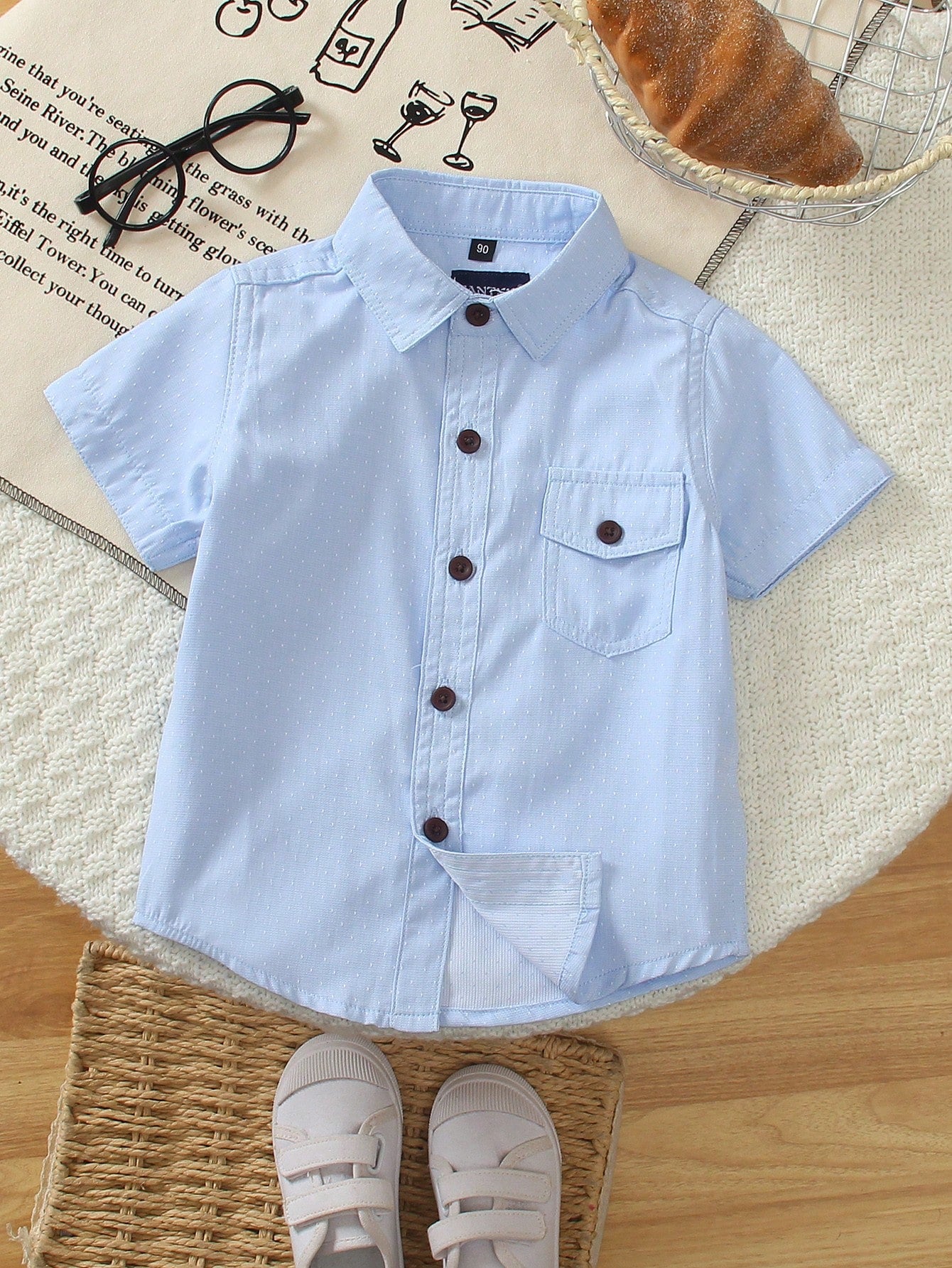 Young Boy 1pc Casual Single Pocket Polka Dot Jacquard Collar Shirt, Pink, Spring/Summer, Suitable For Beach Vacation, Casual Party, Birthday Party, Junior Host Speaking