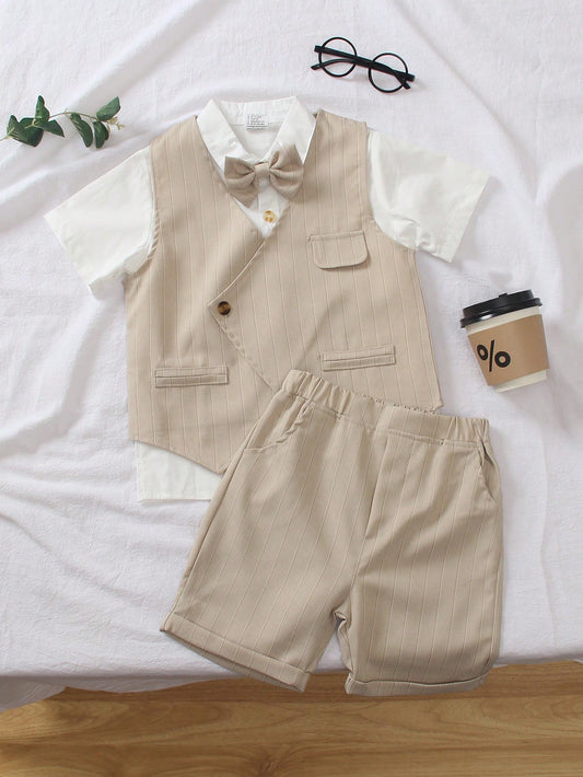 [2025 Spring & Summer Baby Boy Wear Elegant Set] Casual Short Sleeve Shirt 3 Pieces Suit - Collared Shirt + Khaki Vest + Bow Tie + Khaki Shorts. Baby Boy Formal Suit For Parties, Outdoor Performances, White Collar Design, Lightweight & Breathable Fabric,